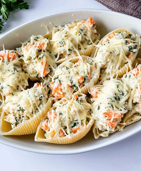 Creamy Seafood Stuffed Shells Recipe Salmon Stuffed Shells Recipe, Shrimp Stuffed Pasta Shells, Lobster Stuffed Shells, Stuffed Seafood Shells, Pasta Shell Recipes, Jumbo Shells Stuffed, Seafood Stuffed Shells Recipe, Seafood Stuffed Shells, Shell Pasta Recipes