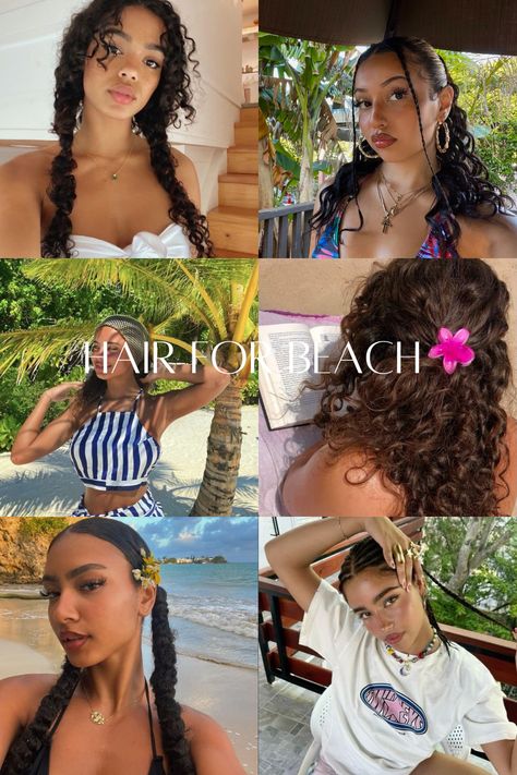 Curly Hairstyles For Summer Camp, Cute Curly Hairstyles Summer, Curly Girl Summer Hairstyles, Vacation Curly Hair, Curly Hairstyles For Pool Party, Pool Hair Ideas Hairstyles Curly, Beach Day Hairstyles For Curly Hair, Beach Hairstyles Natural Hair, Mexico Vacation Hairstyles