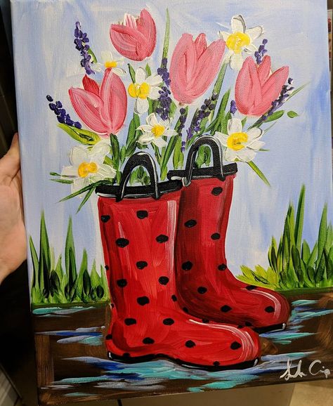 Joe Crisp on Instagram: “Time to get your rain boots #timree #newportbeach #painting #cute #rainboots #wineandpaint #muddyboots #rainydays #rainydayoutfit…” Rain Boots With Flowers Painting, Spring Rain Painting, Spring Time Painting Ideas, Rain Boots Painting, Flower Vase Drawing, Freedom Girl, Kids Canvas Painting, Spring Art Projects, Painting Cute