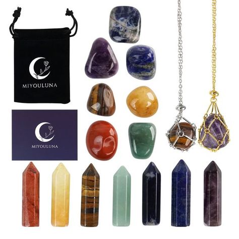 PRICES MAY VARY. Complete Chakra Harmony in One Set: Our chakra healing crystal set is your all-encompassing guide to spiritual balance, featuring 7 raw chakra stones and 7 hexagonal crystal towers, each meticulously chosen to resonate with the body’s 7 chakras for comprehensive energy alignment. This set also includes 2 stylish necklace holders for transforming your stones into wearable energy, a plush velvet pouch for secure storage, and an insightful chakra guide to enhance your understanding Chakra Guide, Necklace Holders, Energy Alignment, 7 Chakra Stones, Spells That Actually Work, Bethlehem Star, Reiki Therapy, Crystal Wands, Spiritual Balance