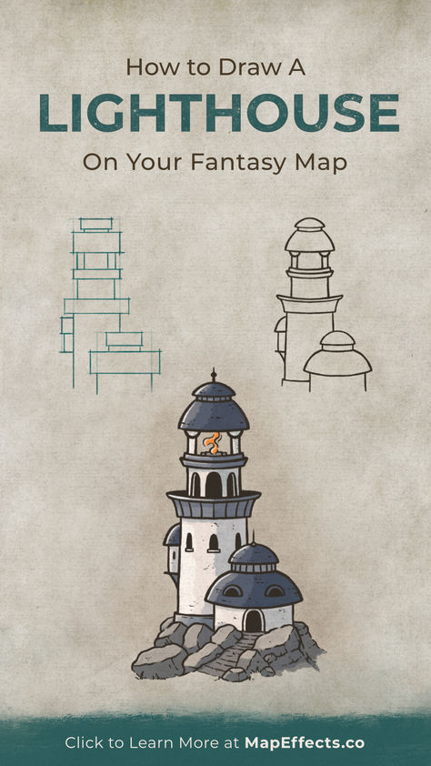 How to Draw a Lighthouse Icon on Fantasy Maps Fantasy Map Drawing Symbols, Fantasy Map Lighthouse, How To Draw A Fantasy Map Art, Fantasy Map Tutorial, Fantasy Map Drawing Illustration, How To Draw A Fantasy Map, How To Draw A Map, Draw A Lighthouse, Paul Randolph