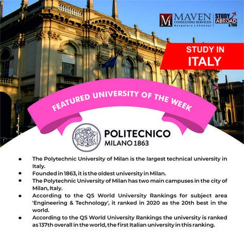 Featured university of the week - politecnico di milano >The Polytechnic University of Milan is the largest technical university in Italy. >Founded in 1863, it is the oldest university in Milan. >The Polytechnic University of Milan has two main campuses in the city of Milan, Italy. >According to the QS World University Rankings for subject area 'Engineering & Technology', it ranked in 2020 as the 20th best in the world. Polytechnic University, Engineering Technology, Milan Italy, Study Abroad, Milan, The City, Maine, In Italy, Old Things