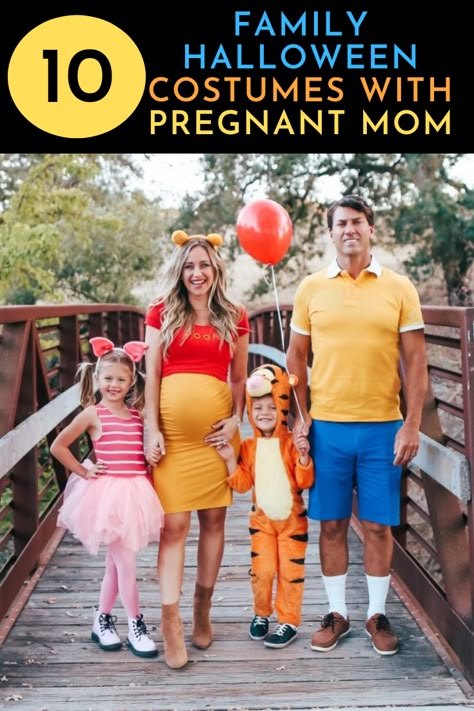 10 Fun and Creative Family Halloween Costumes with Pregnant Mom that Includes Toddlers, Kids, and Babies Family Halloween Costumes With Pregnant, Pregnant Halloween Costumes Family, Creative Family Halloween Costumes, Family Costumes For 3, Family Themed Halloween Costumes, Winnie The Pooh Costume, Mom Halloween Costumes, Pesto Recipes, Mom Costumes