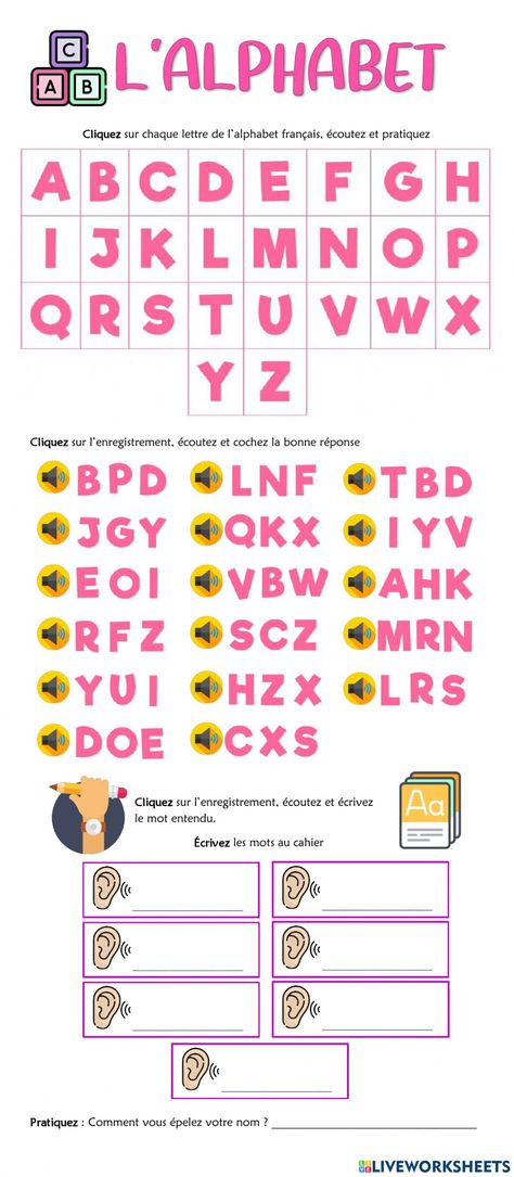 L'alphabet online activity for Bachillerato. You can do the exercises online or download the worksheet as pdf. French Alphabet, French Worksheets, French Education, The Worksheet, French School, L Alphabet, Alphabet Worksheets, Alphabet Activities, Online Activities