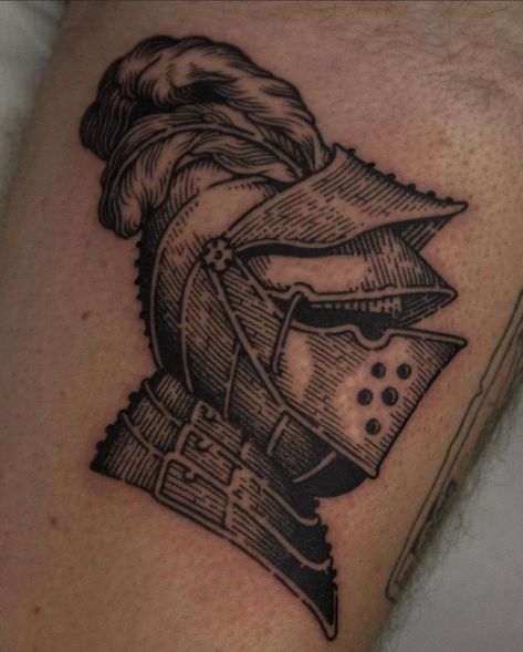 Knight Helmet Tattoo Design, Woodcut Knight Tattoo, American Traditional Medieval Tattoo, Medieval Hand Tattoo, Knights Helmet Tattoo, Knight Hand Tattoo, Suit Of Armor Tattoo, Medieval Helmet Tattoo, Musket Tattoo