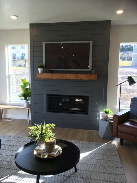 Wood Trim Accent Wall Living Room Tv, Dark Green Shiplap Fireplace, Navy Blue Shiplap Fireplace, Block Fireplace, Corner Fireplace Living Room, Fireplace Accent Walls, Electric Fireplace Living Room, Fireplace Inspiration, Feature Wall Living Room