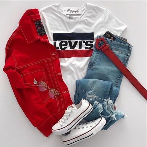 Red Jacket Outfit Casual, Jacket Outfit Casual, Outfits With Red, Red Jacket Outfit, Outfit Informal, Tenis Converse, Outfits With Converse, Teenager Outfits, Short Jacket