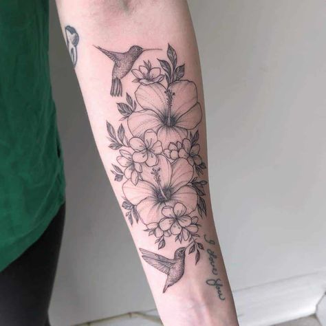 Hummingbird Tattoo Black, Hummingbird Tattoo Meaning, Hummingbird Flower Tattoos, Grandma Tattoo, Small Hummingbird Tattoo, Hibiscus Tattoo, Flower Tattoo Meanings, Forearm Tattoo Women, Flower Tattoo Sleeve