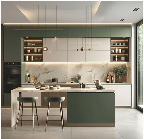 Small Kitchen Storage Hacks, Kitchen Cabinets Color Combination, Kitchen Ceiling Design, Kitchen Colour Combination, Green Kitchen Designs, Latest Kitchen Designs, Kitchen Storage Hacks, Small Kitchen Storage, Green Kitchen Cabinets