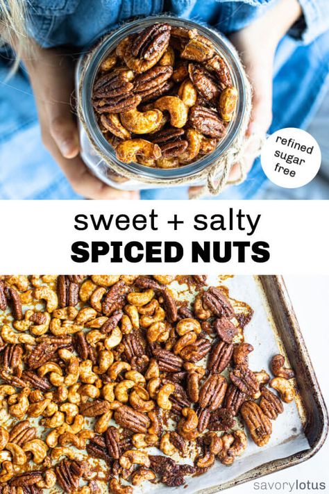 Crunchy nuts with the  perfect combination of salty and sweet plus all the beautiful spiced flavors. A tasty holiday-worthy snack and the perfect edible holiday gift in a cute glass jar. Refined sugar free. #spicednuts #nuts #pecans #cashews #holidaysnacks #ediblegifts #savorylotus Spiced Nuts Recipe, Christmas Food Gifts, Snack Gift, Nut Recipes, Free Snacks, School Lunches, Christmas Snacks, Snacks Recipes, Savory Snacks