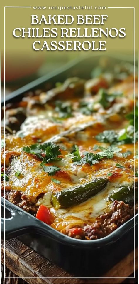 This hearty Baked Beef Chiles Rellenos Casserole combines the smoky flavor of roasted poblano peppers with seasoned ground beef, diced tomatoes, and a generous amount of melted cheese. It’s an easy, comforting dish that brings the flavors of a traditional chile relleno into a casserole form. Perfect for weeknight dinners, family gatherings, or meal prep! Chiles Rellenos Recipe Beef, Baked Beef Chiles Rellenos Casserole, Chile Relleno Casserole With Ground Beef, Baked Beef Chili Relleno Casserole, Chile Rellenos Casserole, Beef Chili Relleno Casserole, Chili Relleno Casserole With Ground Beef, Keto Chili Relleno Casserole, Best Chile Relleno Recipe