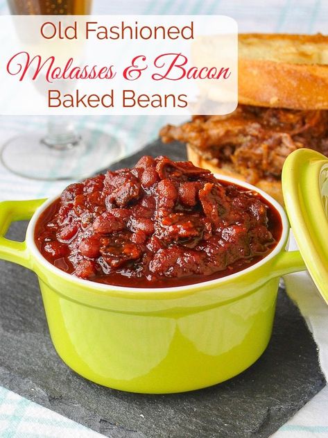 Old Fashioned Molasses and Bacon Baked Beans. This easy recipe has all the flavour of grandma's baked beans. Once they are in the oven, all you need is plenty of patience to let these slow cook to perfection. #sidedishes #BBQsidedishes #barbecuesidedishes #oldfashionedrecipes #economicalrecipes Bacon Baked Beans, Beans Baked, Newfoundland Recipes, Baked Beans With Bacon, Barbecue Side Dishes, Baked Beans Recipe, Bbq Side Dishes, Rock Recipes, Baked Bean Recipes