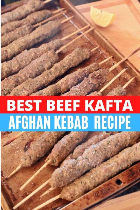 Looking to learn how to make one of the best authentic Afghan dishes? Kabob, Kafta, Kofta and Kefta is an ancient Arabic food featuring ground meat flavoured with fresh herbs and spices. Our easy traditional Beef Kebab recipe can be grilled or baked on skewers over a barbecue or in the oven and served with a healthy salad or Middle Eastern dips like hummus and tahini. If you're looking to serve Afghan food for a crowd, we've got you covered! Afghan Ground Beef Recipes, Lebanese Kefta Recipe, Baked Kafta Recipe, Beef Kafta In Oven, Beef Kafta Recipe, Ground Beef Kabobs In Oven, Ground Beef Kabob Recipes, Beef Skewers In Oven, Beef Kafta Kabob Recipe