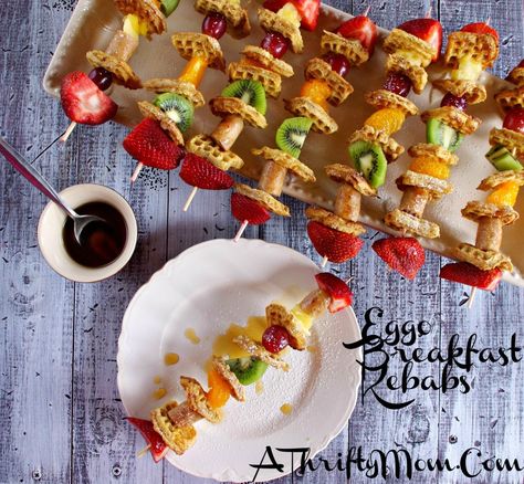 Eggo Breakfast Kebabs ~ Eggo Week Of Waffles #EggoWaffleOff - A Thrifty Mom - Recipes, Crafts, DIY and more Street Food On A Stick, Breakfast Skewer Ideas, Taco On A Stick, Food On A Stick Party, Fruit On Skewers Sticks, Breakfast On A Stick, Foods On A Stick, Tofu Kebab, Pork Kebabs