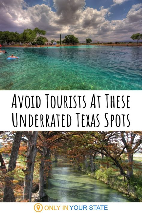 We've got so many can't miss destinations and attractions in Texas and they're all worth a visit, but sometimes you want to avoid the crowds. These terrific alternatives are less popular among tourists but just as amazing. | Canyons | Caverns | Beaches | Adventures | Day Trips | Natural Swimming Holes | State Parks | Hiking | Outdoors | Nature | Family Fun Texas Travel Weekend Getaways, Jacobs Well, Texas Adventure, Visit Texas, Texas Places, Texas Vacations, Texas Travel, Texas State, Six Feet Under