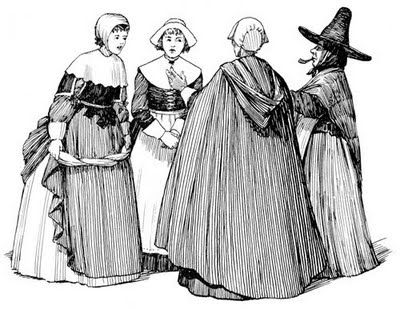 I like the ruffle/flair on the left women's dress to add some different looks. As well as the scalloped bib looking thng. Puritan Dress, 17th Century Clothing, Colonial Life, 17th Century Fashion, Cloth Embroidery, Scarlet Letter, The Scarlet Letter, Era Fashion, Vintage Halloween Costume