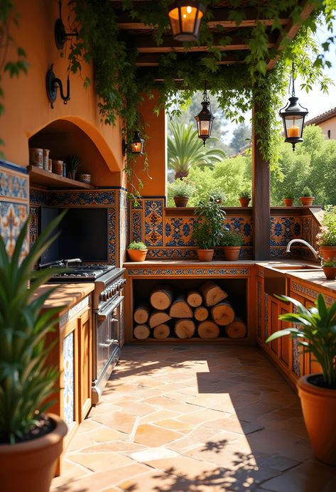 21 Stunning Mexican Hacienda-Style Outdoor Kitchens to Inspire Your Backyard Oasis – Cabin Nook Mexican Tile House, Mexican Hacienda Decor Kitchen, Houses Mexican Style, Small Hacienda Style Homes Mexican, Mexican Courtyard Hacienda Style, Mexican Inspired Kitchen Hacienda Style, Hacienda Style Kitchen Mexico, Hacienda Style Homes Mexican Kitchen, Small Hacienda Style Homes