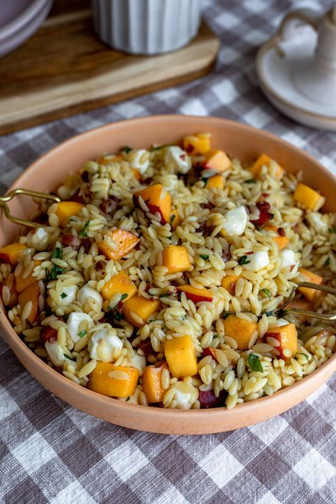 Peach Prosciutto, Salad Base, Orzo Salat, Crispy Prosciutto, Sweet Potato Gnocchi, Summer Side Dish, Yummy Salads, Summer Sides, Mlem Mlem