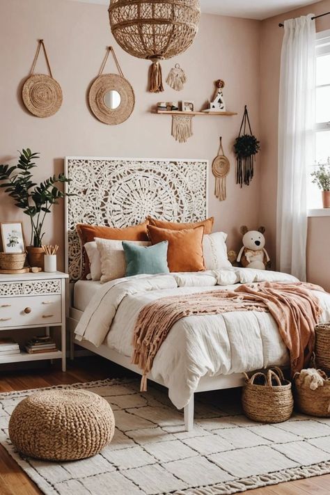 Bring instant charm to your little girl's room with these adorable Boho-style bedroom ideas! From cozy canopies to whimsical textiles, these 20 designs are sure to create a magical and inviting space. Transform her bedroom into a dreamy sanctuary today! Girls Boho Bedroom Ideas, Boho Room Ideas Bedroom, Bedroom Inspirations Boho Chic, Vibe Bedroom Ideas, Boho Girls Bedroom, Boho Teen Bedroom, Girls Boho Bedroom, Boho Girls Room, Fall Bedroom Ideas