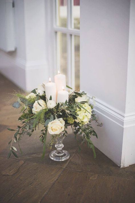 White Wedding Table Centerpieces, Cake Stand Centerpiece, Candle Centrepiece, New Year Wedding, Gold Cake Stand, Candle Wedding Centerpieces, Cabin Wedding, Wedding Arches, North East England