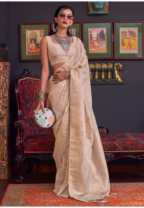 Ivory Handloom Katan Silk Saree - SA415405 Cream Saree, Handloom Weaving, Designer Silk Sarees, Wedding Silk Saree, Utsav Fashion, Art Silk Sarees, Trendy Sarees, Festive Wear, Cream Silk