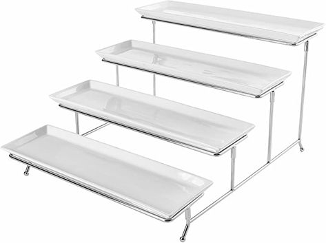 Amazon.com | 4 Tier White Ceramic Party Serving Platter/Food Display Trays on Chrome Plated Metal Stand: Platters White Serving Dishes, Tiered Serving Stand, Platter Food, Platter Display, Serveware Storage, Dish Display, Dessert Presentation, Catering Display, Serving Stand