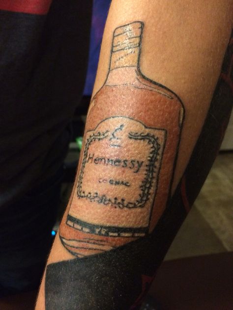 Hennessy... Hennessy Tattoo, Vendetta Tattoo, Hennessy Bottle, Bottle Tattoo, Tattoo Work, Tito's Vodka Bottle, Matching Tattoos, Vodka Bottle, Tattoos For Women