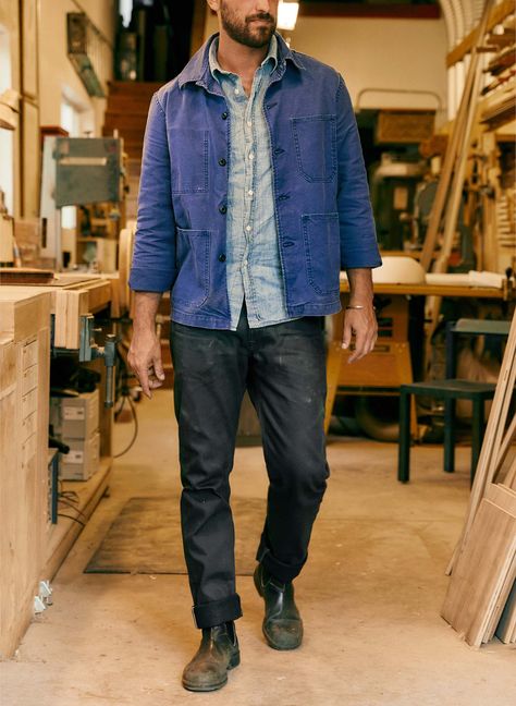 jack jacket french blue Mens Blundstone Outfit, Americana Fashion Men, Blundstone Outfit, Men's Workwear Fashion, Estilo Vans, Imogene Willie, American Workwear, Dad Fashion, Mens Workwear