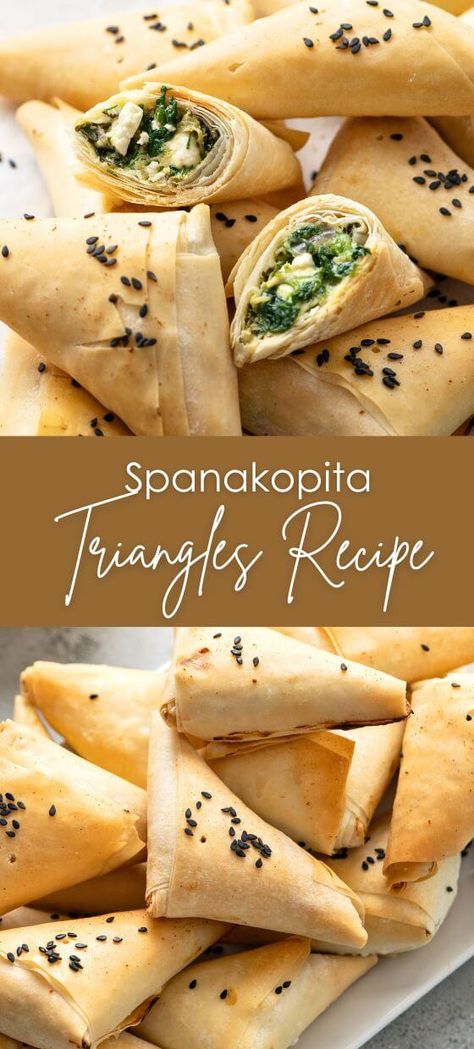 Spanakopita Triangles Recipe Spanakopita Triangles Recipe, Spanakopita Triangles, Jordanian Food, Spanakopita Recipe, Entertaining Appetizers, Greek Recipes Authentic, Spinach Feta, Romantic Meals, Greek Cooking