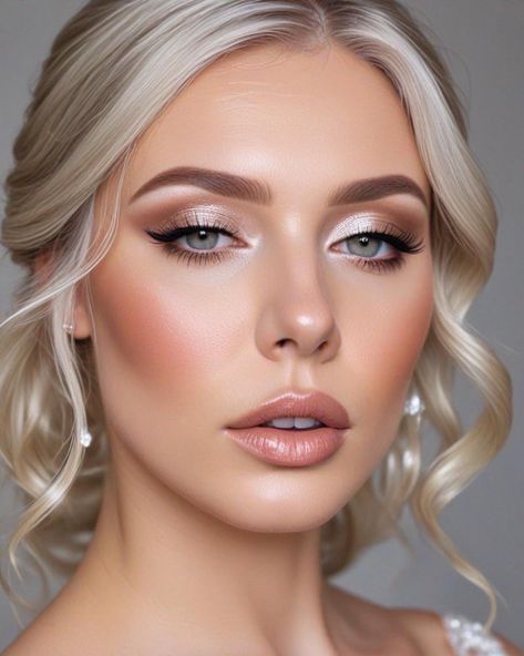 Bride Make Up Blue Eyes Blonde Hair, Wedding Makeup Blue Green Eyes, Soft Wedding Makeup Blue Eyes, Soft Bridesmaid Makeup Blue Eyes, Soft Glam Bridal Makeup Blonde Hair, November Wedding Makeup, Indian Bridesmaids Makeup, Wedding Makeup Ethereal, Western Wedding Makeup Brides