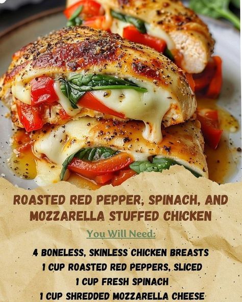 Easy recipes Mozzarella Stuffed Chicken, Spinach And Mozzarella, Mozzarella Chicken, Roasted Red Pepper, Stuffed Chicken, Boneless Skinless Chicken, Mediterranean Diet Recipes, Chicken Dishes Recipes, Roasted Red Peppers