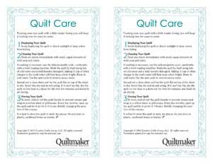 You've invested a lot of time and money into your quilt project. Your masterpiece is finished! A quilt is often a treasure passed from generation to generation. You may want to consider passing along instructions to care for it. Recipients are often unaware of how fragile a quilt can be. We've put together a Quilt Care label with simple instructions for displaying, cleaning and storing a quilt. Enclose a copy with the quilt, or print from your computer onto inkjet fabric sheets and attach it to Quilt Care Instructions Printable Free, Quilting Labels, Quilt Display, Sewing Labels, Quilt Care, Magazine Shop, Quilt Labels, Free Print, Quilting Techniques