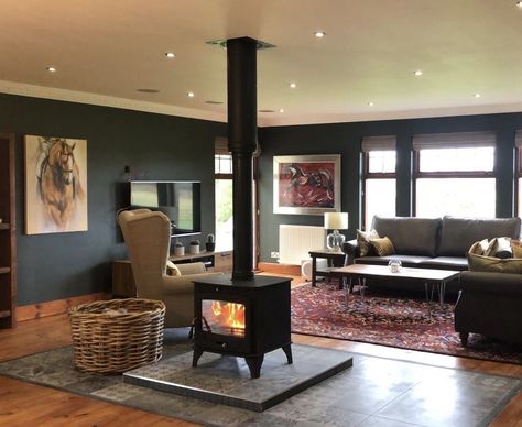 Wood Burner Fireplace Ideas Open Plan, Double Sided Wood Stove, Double Sided Fireplace Kitchen Living Room, Wood Burning Stove Center Of Room, Wood Burner In Middle Of Room, Wood Stove Middle Of The Room, Log Burner Middle Of Room, Wood Stove In Middle Of Room, Wood Burning Stove Middle Of Room