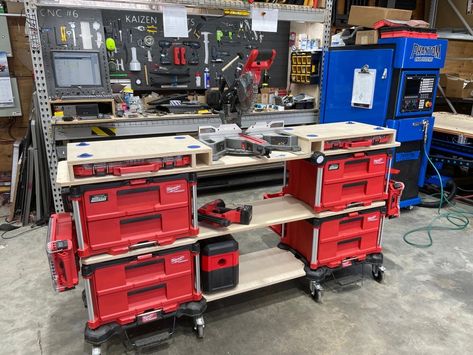 Milwaukee Tool Box Ideas, Work Bench Ideas, Milwaukee Tool Box, Woodworking Workshop Layout, Dewalt Tstak, Kaizen Foam, Garage Storage Inspiration, Garage Workshop Plans, Work Trailer