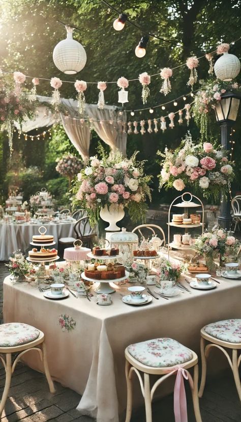 High Tea Party Decor, Bridal Shower Setup, Tea Party Birthday Ideas, Whimsical Tea Party, Victorian Party, High Tea Wedding, Afternoon Tea Wedding, Chelsea Baby, Floral Tablecloths