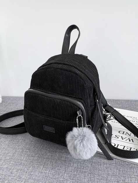 Small Bagpack For Women, Bagpack For Women, Concert Bag, Corduroy Backpack, Pom Pom Decor, Concert Bags, Stylish School Bags, Aesthetic Backpack, Girly Bags