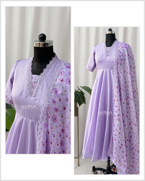 Customised lavender kota anarkali and floral printed kota dupatta with lavender lace detailing. #customisedoutfits #designeranarkali #designergowns #partyweardress #sangeetoutfit #floraldupatta #aarraabyumaanand #anarkali #lavenderdress #designerboutique #coimbatoreboutique #chennaishopping #hyderabadfashion Chudidhar Neck Designs Cotton Latest, Kota Dresses Designs, Anarkali Dress Pattern New, Saree To Anarkali Dress Pattern, Anarkali Suits From Old Saree, Saree Anarkali Dress, Feeding Dress Pattern, Designer Long Frocks, Simple Frock