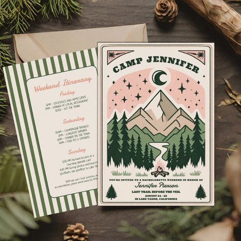 Camp Bachelorette Rustic Woodsy Mountain  Invitation Camping Invitation Template, Mountain Birthday Theme, Camp Bachelorette Invite, Camping Wedding Invitations, Mountain Invitation, Camping Invitations, Forest Camp, Birthday Designs, Lake Tahoe California