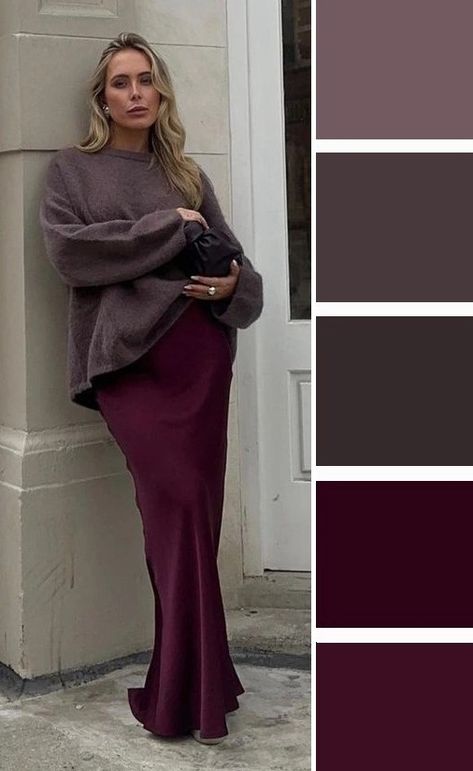 Purple And Burgundy Outfit, Burgundy Pink Outfit, Purple Skirt Outfit Winter, Harmony Clothes, Burgundy Skirt Outfit, Purple Skirt Outfit, Winter Style Guide, Colour Combinations Fashion, Burgundy Outfit