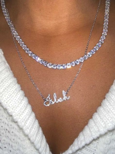 Cuban Chains, Crystal Names, Prom Necklaces, Silver Diamond Jewelry, Name Necklace Silver, Rave Accessories, Pretty Jewelry Necklaces, Pandora Necklace, Personalised Jewellery