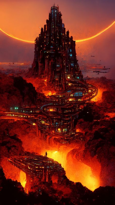 Volcano Castle Fantasy Art, Fantasy Volcanic Landscape, Volcano Castle, Volcanic City Fantasy Art, Fire Fantasy World, Fire City Fantasy Art, Volcano Town Fantasy Art, Volcanic Island Fantasy Art, Lava Kingdom