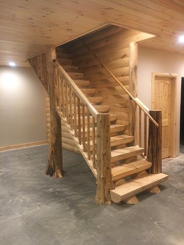 7 Rustic Railing Ideas | Northern Log Log Railings For Stairs, Interior Design Log Cabin, Log Stairs Staircases, Log Home Staircase Ideas, Log Cabin Stairs, Lodge Staircase, Wood Staircase Design, Rustic Railing, Log Stairs