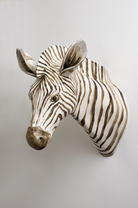 Zebra Sculpture, Animal Heads On Wall, Stain Techniques, Paper Mache Animals, Hand Building, Paper Mache Sculpture, Faux Taxidermy, Fire Art, Clay Animals