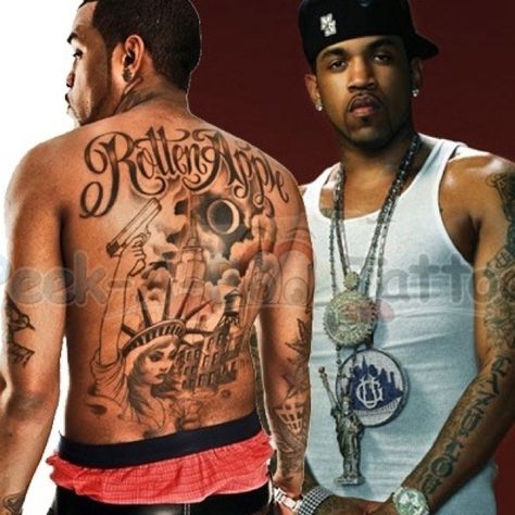 Rapper Lloyd Banks from G-Unit back piece:"Rotten Apple" done by Chris Garver Rotten Apple Tattoo, Moneybagg Yo Tattoos, Richard Scary Tattoo, Lloyd Banks G Unit Hip Hop, Bad Apple Tattoo, Seth Rollins Back Tattoo, Cloud Tattoo Sleeve, Geisha Tattoos, Edward Newgate