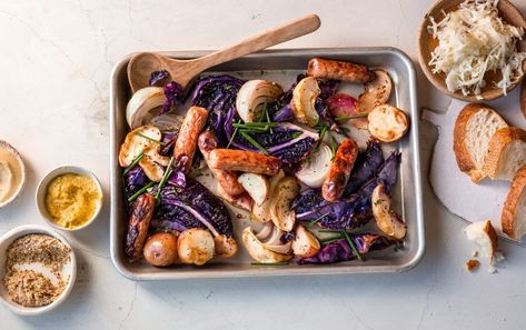 This high-protein Alsatian dish is the best of fall — all in one pan. High Fiber Dinner, Sheet Pan Sausage And Veggies, Pan Sausage And Veggies, Pudding Oats, Myfitnesspal Recipes, Sheet Pan Sausage, Sausage And Veggies, Marley Spoon Recipes, Walking Program