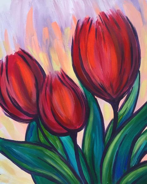 Easy Flower Painting, Tulip Painting, Acrylic Painting Flowers, Flower Painting Canvas, Simple Canvas Paintings, Soyut Sanat Tabloları, Easy Canvas Painting, Simple Acrylic Paintings, Beginner Painting