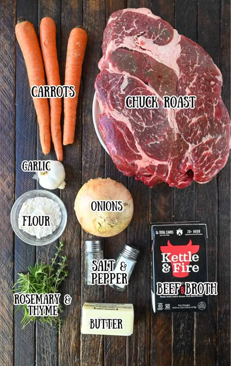 All the ingredients needed to make this pot roast. Bone In Beef Chuck Roast Recipes, 7 Bone Chuck Roast Recipes, Bone In Chuck Roast Recipes, Chuck Shoulder Roast Recipes, Easter Roast, Roasted Mashed Potatoes, Chuck Roast Crock Pot Recipes, Blade Roast, Slow Cooker Pot Roast Recipes