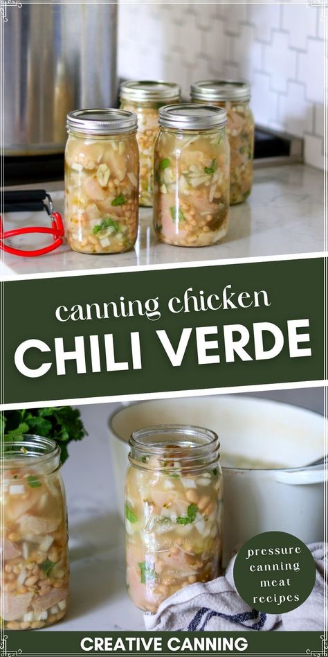 Chicken Chili With Salsa Verde, White Chicken Chili With Salsa, Chili Verde Soup, Chili With Salsa, Pressure Canning Chicken, Meals In Jars, Canning Chili, Pressure Canning Meat, Verde Soup