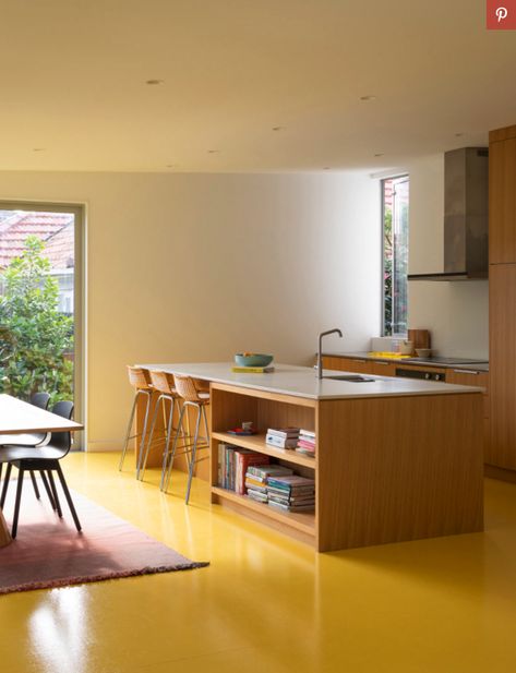 Yellow Flooring, Bungalow Extension, Bungalow Extensions, Aluminium Cladding, Yellow Kitchen, Kitchen Units, Floor Colors, Sunny Yellow, Open Kitchen