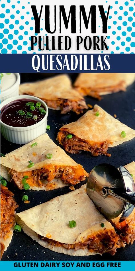 Easy BBQ Pulled Pork Quesadillas are made with crispy, gluten free flour tortillas stuffed full of mouthwatering and tender pulled pork, barbecue sauce, and gooey, melty dairy free cheddar cheese for a dinner win the entire family will love. Pulled Pork Quesadilla Recipes, Pork Quesadilla Recipes, Pulled Pork Quesadillas, Gluten Free Bbq Sauce, Pork Quesadillas, Pork Quesadilla, Gluten Free Flour Tortillas, Pulled Pork Quesadilla, Dairy Free Alfredo Sauce